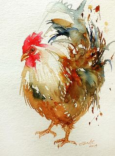 a watercolor painting of a rooster on white paper