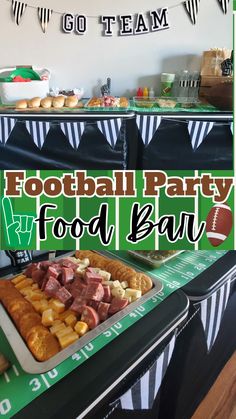 a football party with food and decorations