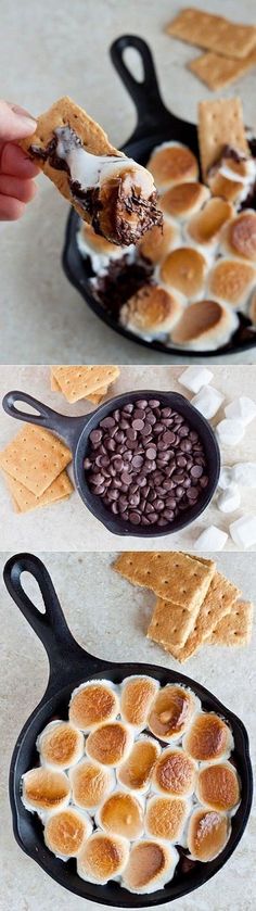 the process of making s'mores in a cast iron skillet is shown