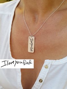 "The most unique jewelry you can find, no one will have the same as yours! Your unique signature on a beautiful handmade necklace. Pendant and chain are solid 925 Sterling silver. It can be signature or any other word you wish on any language. **The thickness of letters is depending on your handwriting on picture. Pendant size - 1.3\" x0.5\" (3.5x1.4cm) I can fit up to 3-4 words on this, if you need more then that, please contact me. Engraving is colored in black. The item will come with a gift Sterling Silver Signature Jewelry For Personalized Gift, Meaningful Sterling Silver Nameplate Jewelry, Engraved Sterling Silver Necklace For Mom, Inspirational Personalized Sterling Silver Jewelry, Unique Personalized Sterling Silver Necklaces, Inspirational Silver Jewelry For Father's Day, Custom Engraved Sterling Silver Necklace For Mom, Sterling Silver Stamped Necklace With Rectangular Pendant, Hand Stamped Rectangular Pendant Necklace In Sterling Silver