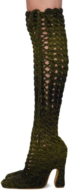 Handcrafted thigh-high cable knit boots in khaki and black. Self-tie lace detailing throughout. · Suede lining · Covered block heel with rubber injection · Leather sole · Heel: H5 in Available exclusively at SSENSE. Supplier color: Military Wallpaper Violet, Isa Boulder, Loafers Outfit, Fabric Boots, Shoes Heels Classy, Knit Boots, Heels Classy, Beauty Inspo, Girly Shoes