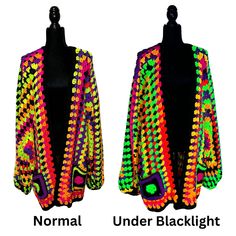 This warm cozy cardigan sweater feels like wearing a blanket and looks like going to a party. Whether at a rave or the grocery store, the vibrant colors are sure to turn heads. Some of the colors glow under UV/Blacklight. This open front slouchy oversize style cardigan can fit many size bodies, ranging up to 2x+ depending on preferred fit. Larger sizing can be accommodated with either a message or requesting so in the personalization box.  Please keep in mind that each one is unique and while it Fall Rave Outerwear With Long Sleeves, Rave Long Sleeve Outerwear For Fall, Fall Rave Long Sleeve Outerwear, Funky Multicolor Winter Outerwear, Trendy Multicolor Outerwear For Festivals, Trendy Multicolor Festival Outerwear, Multicolor Oversized Cardigan For Festivals, Multicolor Hippie Festival Sweater, Yellow Winter Festival Outerwear