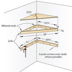 the diagram shows how to build a corner shelving unit