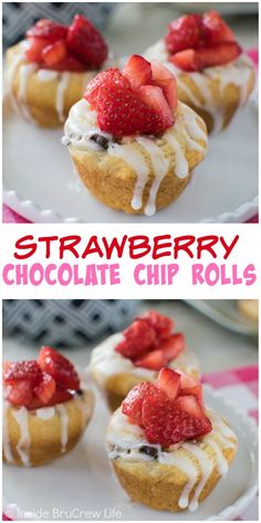 strawberry chocolate chip rolls on a white plate with strawberries and cream drizzled on top