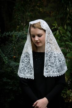 "A soft, Spanish floral lace classic D shaped veil is trimmed in cream white Venise lace trim. Soft and light, and reverent for worship. Also available in black/black trim. Please select color at checkout. Thank you to our dear customer for the beautiful photos of her wedding!! Includes sewn-in clip to hold it securely. Other options: https://www.etsy.com/listing/500708656/evintage-veils-black-spanish-lace-floral?ref=shop_home_active_17 And in a wrap-style here: https://www.etsy.com/listing/5007 Elegant Lace Veil With Lace Trim, Lace Veil With Lace Trim For Ceremonies, Lace Ceremony Veil With Lace Trim, Ceremony Lace Veil With Lace Trim, Ceremony Veil With Lace Trim, Lace Ceremony Veil, Church Lace Veil With Lace Work, White Lace Trim Veil For Ceremony, Lace Trim Veil