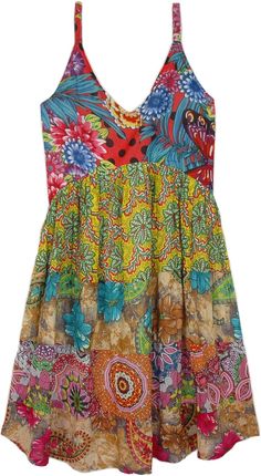 Summer Sleeveless Multicolor Dress With Floral Print, Spring Multicolor Printed Sleeveless Dress, Multicolor Printed Sleeveless Dress For Summer, Multicolor Printed Sleeveless Dress For Spring, Multicolor Printed Sleeveless Summer Dress, Multicolor V-neck Sundress For Festival, Yellow Patchwork Dress For The Beach, Yellow Patchwork Dress For Beach, Yellow Patchwork Beach Dress