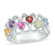 This mother's ring can be personalized with three to seven 3.0mm birthstones, representing her family or loved ones, each surrounded by a polished heart-shaped frame and set along the rings shank in a zig-zag pattern to complete the look. Sterling silver rings cannot be resized after purchase. Heart Cut Multi-stone Anniversary Rings, Multicolor Oval Birthstone Promise Ring, Heart Cut Birthstone Rings For Birthday, Heart Cut Birthstone Rings For Birthdays, Multicolor Multi-stone Birthstone Ring For Anniversary, Multicolor Jewelry With Prong Setting For Anniversary, Heart Shaped Sterling Silver Birthstone Ring For Birthday, Sterling Silver Heart-shaped Birthstone Ring For Birthday, Multicolor Birthstone Ring With Prong Setting As Gift