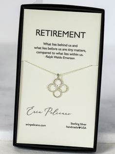 Retirement Necklace A milestone to celebrate! This option you are selecting your favorite necklace to pair with the Retirement carded box. Necklace Photos showcase selections. With its fine feminine details carefully crafted in bright Sterling Silver or rich 14k Gold, each necklace option features delicately beaded edges and timeless designs. Easy to wear and much loved gifts, she's ready to become a new favorite everyday treasure. Proudly made in the USA. Looking for a unique combination of Jew Elegant Birthday Gift Jewelry, Gift Ready, Elegant Jewelry Gift Ready For Birthday, Elegant Birthday Gift-ready Jewelry, Elegant Jewelry For Birthday Gift, Classic Engraved Jewelry For Birthday Gift, Classic Jewelry Gift With Box Included, Elegant Necklace For Anniversary Gift With Gift Box, Classic Jewelry With Gift Box, Classic Jewelry For Birthday Gift