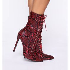 Side Zip Lace Up Red Snakeskin Boots With Heel. Red Lace-up Heels With Reinforced Heel, Red Synthetic Lace-up Boots, Red Synthetic Boots, Red Fitted Synthetic Boots, Fitted Red Synthetic Boots, Red Faux Leather Heels With Round Toe, Red Synthetic Heels For Fall, Winter Boots With Red Sole In Synthetic Material, Red Synthetic Ankle Boots