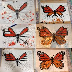 four butterfly paintings are displayed on the table with white mesh and red paint splattered over them