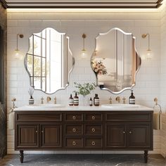 a bathroom with double sinks and large mirrors on the wall above them, along with two vases filled with flowers