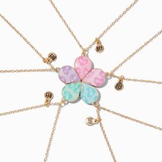 Celebrate friendship by sharing this flower pendant best friends necklace set. Each gold-tone chain necklace includes a petal of the flower plus a little "BFF" charm. Keep one necklace for yourself and share the other four with your besties so that you will always stay connected.Pack Size: 5Finish: Gold-toneLength: 16 + 3 in. extender / 40.64 + 7.62 cm. extender Closure: Lobster claspMaterial: Metal - Claire's Best Friends Glitter Flower Pendant Necklaces - 5 Pack Cute Nickel-free Charm Necklace For Friendship, Cute Adjustable Necklaces For Best Friend Gift, Trendy Personalized Charm Necklaces For Best Friend Gift, Trendy Personalized Charm Necklace For Best Friend, Personalized Trendy Charm Necklace For Best Friend, Personalized Flower Jewelry For Friendship, Personalized Flower Shaped Friendship Jewelry, Personalized Flower-shaped Jewelry For Friendship, Personalized Flower-shaped Friendship Jewelry