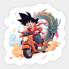 a cartoon character riding on the back of a motorcycle with a dragon in the background