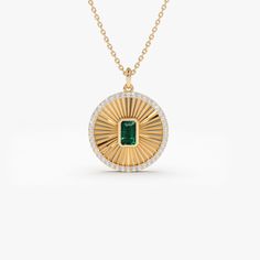 Made to Order Gold Kt: 14K (also available in 18K) Available Gold Color: Rose Gold, Yellow Gold, White Gold The diameter of Disc: 17 MM Emerald-Cut Emerald: 1 pc 5 x 3 MM Round Diamond: 42 pcs 1.1 MM Total Diamond CTW: 0.25 Total Emerald CTW: 0.35 Diamond Color-Clarity: G Color Si Clarity Luxury Yellow Gold Plated Emerald Necklace, Luxury Yellow Gold-plated Emerald Necklace, Luxury May Birthstone Necklace With Diamond Accents, Gold Diamond-cut Emerald Necklace, Gold Diamond Cut Necklace For May Birthstone, Gold Round Emerald Necklace Hallmarked, Gold Round Hallmarked Emerald Necklace, Luxury Yellow Gold Emerald Necklace With Round Pendant, Luxury Yellow Gold Emerald Round Pendant Necklace