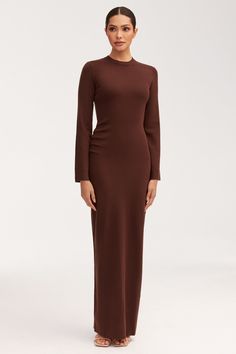 Abigail Rouched Knit Maxi Dress - Dark Brown Dresses Veiled Luxury Brown Maxi Dress, Brown Maxi Sweater Dress, Luxury Spring Ribbed Maxi Dress, Luxury Ribbed Spring Maxi Dress, Luxury Brown Long Sleeve Midi Dress, Long Brown Knit Dress, Luxury Ribbed Fitted Maxi Dress, Luxury Fitted Ribbed Maxi Dress, Luxury Black Ribbed Maxi Dress