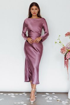 Shop the Loveland Cowl Back Midi Dress Grape | Selfie Leslie Mid-length Feminine Party Dress, Feminine Mid-length Evening Dress, Feminine Mid-length Party Dress, Dressy Long Sleeve Midi Dress For Cocktail, Elegant Long Sleeve Bodycon Dress For Date Night, Chic Long Sleeve Dress For Fall Wedding, Chic Long Sleeve Cocktail Midi Dress, Fitted Long Sleeve Maxi Dress For Wedding Guest, Spring Party Long Sleeve Midi Dress