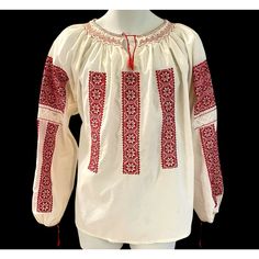 Vintage Embroidered Folk Blouse Top Xl Romanian Ukranian Costume Peasant Bohemian Stunning Embroidery!! Simply Gorgeous Handwork. Very Solid Vintage Condition With Some Spots, Marks, And Faint Discolored Areas Due To Age/Use/Storage. I Did Not Attempt To Launder, But Most Of The Spots Look Like They Might Wash Out. As Is. From An Estate. Folk Style Embroidered Hem Long Sleeve Peasant Top, Folk Style Long Sleeve Peasant Top With Embroidered Hem, Folk Style Long Sleeve Embroidered Peasant Top, Traditional White Peasant Top With Intricate Embroidery, Traditional Peasant Top With Embroidered Sleeves For Festivals, Long Sleeve Peasant Top With Embroidered Hem, Traditional Red Blouse With Embroidered Border, White Folk Peasant Top For Festival, Traditional White Peasant Top With Geometric Embroidery