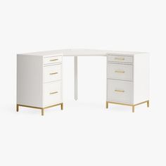 a white desk with three drawers and two gold handles on each side, against a white background