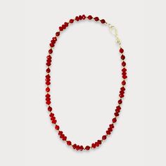 A timeless accessory, this red coral necklace features faceted and round coral beads contrasted by gold plated accent beads, connected with a hook closure. An elegant and sophisticated piece that will luxuriously adorn any look. length: 20" Handmade in Lincoln, Nebraska Elegant Red Coral Necklaces With Polished Beads, Elegant Single Strand Red Coral Necklaces, Elegant Red Coral Beaded Necklace With Faceted Beads, Elegant Single Strand Red Coral Necklace, Red Faceted Rondelle Jewelry, Red Briolette Necklace For Formal Occasions, Elegant Red Beaded Necklace With Lobster Clasp, Elegant Red Necklace With Polished Beads, Elegant Red Faceted Necklace