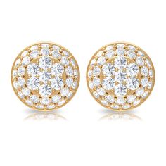 Product Details This Stud Earring is embellished with Round Shape Diamond in a Prong Setting. The Bridal Stud Earring with Screw Back safety is a superb Wedding E for a woman Product Information SKU SHP-EARRINGS072018578 Length 6.4 mm Width 6.4 mm Height 2.4 mm Weight 1.12 gm (Approximate) DIAMOND INFORMATION No.of Stones 76 Pieces Total Weight 0.55 Carat (Approximate) Dimension(approx) Round-1.20X1.20 mm-14 PcsRound-1X1 mm-62 Pcs Color HI Cut Brilliant Shape Round Setting Type Prong-Setting Qua Gold Cluster Jewelry With Halo Design, Gold Halo Design Cluster Earrings, Gold Diamond Cluster Earrings With Pave Setting, Gold Diamond Cluster Earrings With Halo Design, Gold Cluster Earrings With Pave Set Diamonds, Dazzling Gold Diamond Earrings With Halo, Gold Cluster Earrings With Pave Setting, Round Cubic Zirconia Bridal Earrings With Pave Setting, Dazzling Gold Cluster Earrings