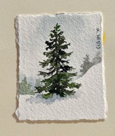 a watercolor painting of a pine tree in the snow on a piece of paper