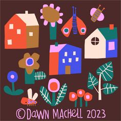 a poster with houses, flowers and plants on brown background for the new year's greeting card