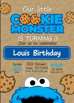 a cookie monster birthday party card with the words cookie monster is turning 3 on it