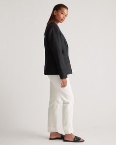 With its crisp tailoring and quietly luxurious fabric, our 100% European Linen Structured Blazer is the layer that instantly pulls your look together. Designed with a notched lapel, single-button closure, and functional pockets, this timeless style makes everything else you're wearing look that much more polished. Crafted from premium-quality European linen and fully lined in cotton, it's equally lightweight and durable, and ideal for year-round wear. For a more casual look, check out our 100% E Classic Linen Suits For Workwear, Timeless Linen Blazer For Business, Linen Blazer With Welt Pockets For Work, Linen Blazer With Concealed Placket For Work, Elegant Linen Fall Suits, Linen Blazer For Business Casual, Elegant Linen Suits For Fall, Business Casual Linen Blazer With Concealed Placket, Timeless Linen Blazer For Business Casual