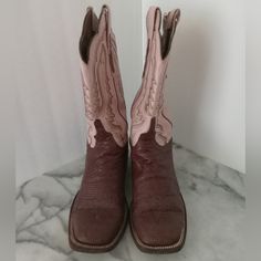 Lucchese Leather Boots Ostrich, Square Toe Original Cowgirl Size 10 B 98936, 1" Heel, Two-Tone Browns & Pink Very Good Pre-Owned Vintage Collectible Condition, With The Acceptance Of Couple Of Flaws That Will Be Hidden By Pants( Pull-On Strap Is Torn On One, And 2 Areas On Thr Rim Of Approximatly 1" Tares On The Other). Please View All My Images ( Expand) To Assure Your Desires Are Being Met, Asking Your Questions Prior To Purchasing! My Images Are An Addition To My Written Down Description! Tha Dining Office, Pink Brown, Shoes Heels Boots, Modern Vintage, Vintage Collection, Shoes Women Heels, Leather Boots, Heeled Boots, Two Tone