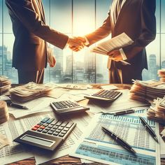 two men shaking hands over papers and calculators on a desk in front of a window