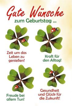 four leaf clovers with ladybugs on them and the words gate wirsche zum geurtstag