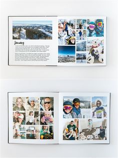 an open book with pictures of people in the snow and on top of each other