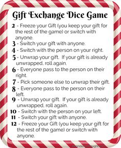 the gift exchange dice game with instructions on how to use it