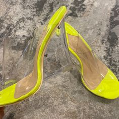 Sole Material Faux Leather Outer Material Thermoplastic Polyurethane (Tpu) Closure Type Slip On Neon Green Never Worn Yellow Sandals With 4-inch Heel For Summer, Yellow High Heel Sandals With Heel Loop, Yellow Sandals With 4-inch Heel For Spring, Yellow Closed Toe Sandals With 4-inch Heel, Yellow Open Toe Sandals With 4-inch Heel, Yellow Open Heel Shoes With Heel Loop, Yellow Synthetic Sandals With 4-inch Heel, Yellow Synthetic Sandals With Heel Loop, Yellow Closed Toe Heels With Wrapped Heel