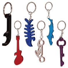 six different colors of key chains with an image of a fish and guitar on them