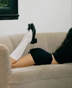 White High Socks Outfits, Heels And Socks Outfit, Socks Aesthetic Outfit, Mary Jane Shoes Outfit, Aesthetic Finds, High Socks Outfits, White Knee High Socks, Socks Aesthetic, Black Ballerina