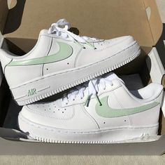 The Green Swoosh Custom Air Force 1 provides a stylish and comfortable addition to any wardrobe. The unique green swoosh design gives these shoes a modern look that stands out and the patented Air Force 1 cushioning provides dynamic support for all-day comfort. iends, family, that special someone, or yourself ✨ - Exactly as shown in the pictures. - Brand New & Authentic. 💯 - Hand Painted with attention to detail. 👨‍🎨 - Waterproof and Flexible. ❤️ - Unisex model. Please refer to the Size Chart Nike Air Force 1s, Nike Shoes Girls, Trendy Shoes Sneakers, Nike Airforce 1, Dr Shoes, Preppy Shoes, All Nike Shoes, Nike Air Shoes, Leather Paint