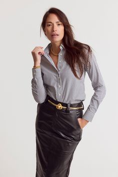 The Icon Shirt runs tailored at the waist, chest and back. For a contemporary fit, order true size. For a blousier fit, size up, or consider The Boyfriend Shirt for an even looser look. Our perfect fit cotton stretch button down now in a fun and fashionable stripe! Not to worry, your favorite fit is still here but we've added this sublime stripe. Best of all? Our patented No Gape® button technology has got you covered. We designed our best-selling Icon Shirt to be fitted throughout, giving you a Timeless Collared Tops For Business Casual, Timeless Fitted Top For Business Casual, Timeless Fitted Top For Office Wear, Timeless Spread Collar Tops For Office Wear, Timeless Office Wear Tops With Spread Collar, Timeless Fitted Tops For Workwear, Timeless Fitted Tops For Work, Timeless Slim Fit Tops For Office, Timeless Slim Fit Office Tops