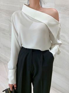 Long Sleeves Asymmetric Buttoned See-Through Solid Color One-Shoulder Blouses & Shirts Tops WHITE-One_size Core Inspiration, Corporate Core, White Long Sleeve Blouse, Corporate Outfits, Vintage Blouse, Moda Vintage, Spring Tops, Photography Nature, White Blouse