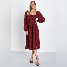 With The Help Of The Lulus Flirtatious Nature Burgundy Floral Jacquard Lace-Up Midi Dress, Everyone Is Sure To Be Drawn To Your Undeniable Charm! Airy Woven Chiffon, That Boasts A Burnout Floral Jacquard Design Throughout, Shapes This Perfect Spring Dress That Has A Lightly Gathered Bodice, A Square Neckline, And Semi-Sheer Balloon Sleeves With Elastic At The Shoulders And Cuffs. A Flirty Lace-Up Back And A Fitted Banded Waist Top A Flowy A-Line Skirt That Falls To A Midi Hem. Hidden Back Zipper Fall Midi Dress, Burgundy Midi Dress, Midi Dress Fall, Red Christmas Dress, Gathered Bodice, Christmas Dress Women, Christmas Dresses, Jacquard Design, Fall Family Photos