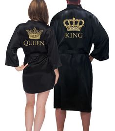 PRICES MAY VARY. 👑 CLASSY BRIDE “KING & QUEEN” SATIN ROBES: These matching robes for the couples come with QUEEN, KING & matching gold crowns embroidered on the back. The King & Queen crowns exude luxury and are a playful way to celebrate an anniversary, marriage, or the Holidays. These black satin robes are a sleek solid black. 👑 SILKY SOFT TOUCH: Our kimono style black satin robes are made of a premium satin charmeuse blend that feels soft as silk. These his and her robes come with an interi Royal Robes, Queen Status, Queen Crowns, Gold Crowns, Classy Bride, Matching Sweatsuit, Halloween Jars, Satin Robes, Queen Gifts