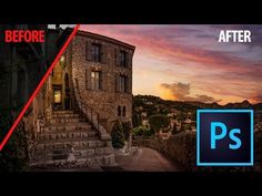 the before and after photoshopped image of an old stone building with steps leading up to