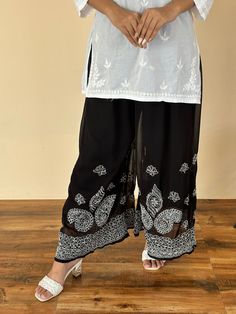 Georgette Palazzo or Pants for Kurta Kurti and Kameez Casual Georgette Chikan Palazzo With Broad elasticated waistband . Stretchable from 28 inches to 44 inches. Palazzo length 39 Inches with high waist looks great and classy with both flats and heels. Keep Cool In Casual Style with This Cotton Palazzos. Specially Designed for Your Comfort. Actual Product May vary a bit in Colour and Pattern Due to Photo shoot, Lighting Affect and Your screen Resolution Can be fit to any size SMALL TO XXL Handwa Designer Palazzo, Georgette Palazzo, Summer Wear, Trousers Women, Casual Style, Looks Great, Favorite Outfit, Capri Pants, Casual Wear