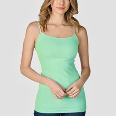 - Nikibiki Long Camisole - Color: Mint - Seamless Camisole - One Size Fits All - 92% Nylon / 8% Spandex - Made In The Usa Fitted Green Tank Top With Built-in Bra, Basic Cami Tank Top With Built-in Bra, Spring Fitted Camisole With Wide Straps, Spring Cami Vest With Adjustable Straps, Spring Tank Vest With Adjustable Straps, Spring Tank Camisole With Built-in Bra, Green Summer Tops With Wide Straps, Fitted Green Tank Camisole, Green Tank Strap Camisole For Spring