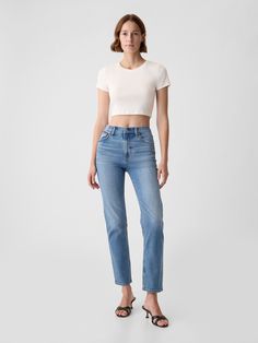 Fit: A full-length classic straight-leg jean that's slim through the hip & thigh.  Fabric: 83% Cotton, 11% Polyester, 5% Recycled Cotton, 1% Stretch.  Stretch: Low Stretch Jeans.  Looks like vintage denim but feels like you've had them forever.  ​Easy & comfortable with a little secret stretch.  Rise: High Rise Jeans.  Look: A classic five-pocket jean in a medium indigo wash.  Details: Zip fly & five-pocket styling.  Responsibly Made: This pair of jeans is part of our water-saving Washwell program.  Compared to conventional wash methods, Washwell has saved millions of liters of water since 2016.  Our High Rise Jean has an 11" 28 cm) rise. ​ Slim through the hip & thigh.  Straight leg.  Full-length jean.  Hits below the ankle.  Inseam: Short 29" 73. 5 cm), Regular 30. 5" 77), Long 32. 5" 82