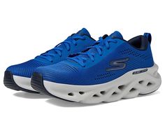 SKECHERS Go Run Glide Step Hyper Burst - Men's Shoes : Blue : This sporty pair of SKECHERS Go Run Glide Step Hyper Burst sneakers are styled with a comfortable air cooled insole that make them perfect for hitting the gym in. Traditional lace-up closure for adjustable fit. Classic SKECHERS logo hits throughout. Textile and synthetic upper. Plush padded tongue and collar. Bumper toe. Round-toe silhouette. Easy pull-tab at heel. Textile lining and insole. Synthetic outsole. Imported. Measurements: Lace-up Trail Running Shoes With Air Cushioning, Dynamic Lace-up Sports Sneakers, Casual Low-top Running Shoes With Air Cushioning, Athleisure Trail Running Shoes With Air Max Cushioning, High-top Trail Running Shoes With Laces For Light Sports, High-top Trail Running Shoes With Laces For Sports, Casual Basketball Shoes With Air Cushioning, Sports Lace-up Athleisure Sneakers, Sporty High-top Walking Shoes For Light Sports