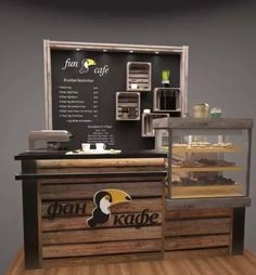 an ice cream shop with wooden counter and display case