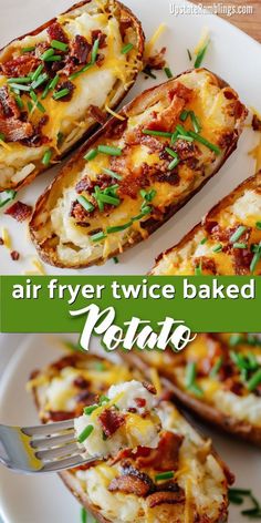 baked potato halves with bacon and cheese on top, served with a fork to eat