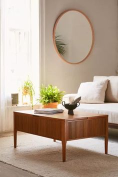 a living room with a couch, coffee table and potted plant