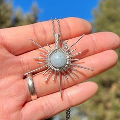 Starburst Pendant, Starburst Necklace, Sun Pendant, Sterling Silver Wire Wrap, Wrapped Jewelry, March Birth Stone, Blue Star, Star Necklace, Wire Wrapped Jewelry